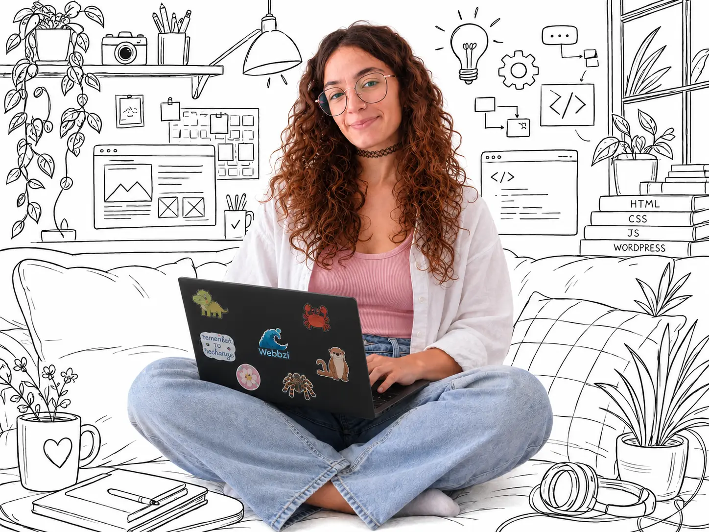Sol, web designer and developer, working on her laptop surrounded by sketches of websites and ideas