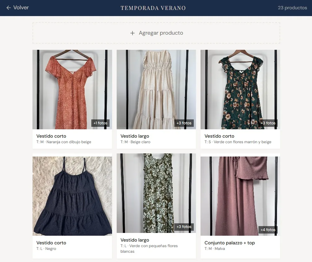 Listado de productos de la temporada de verano con foto, talla y color de cada prenda