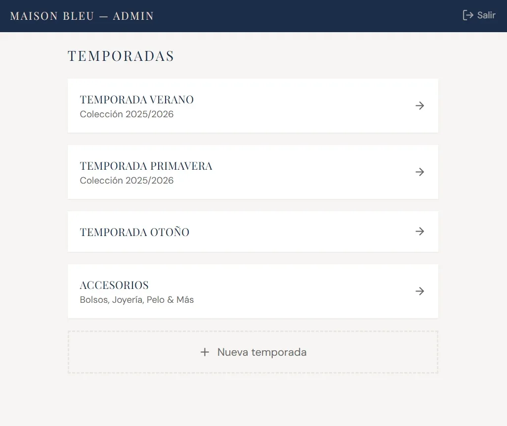 Panel de administración mostrando las temporadas: verano, primavera, otoño y accesorios