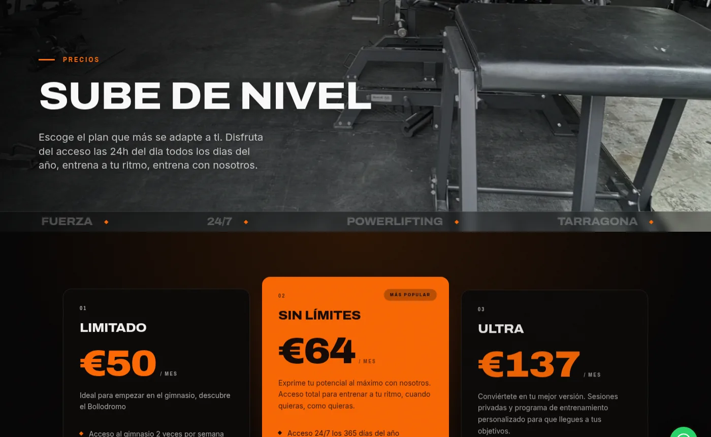 Página de precios del gimnasio con los planes de cuota comparados