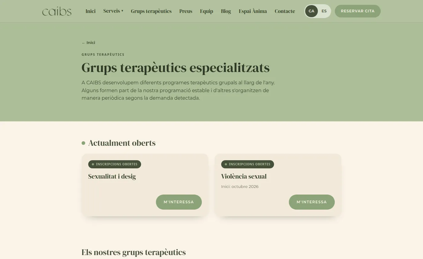 Therapy groups page showing the two groups currently taking sign-ups