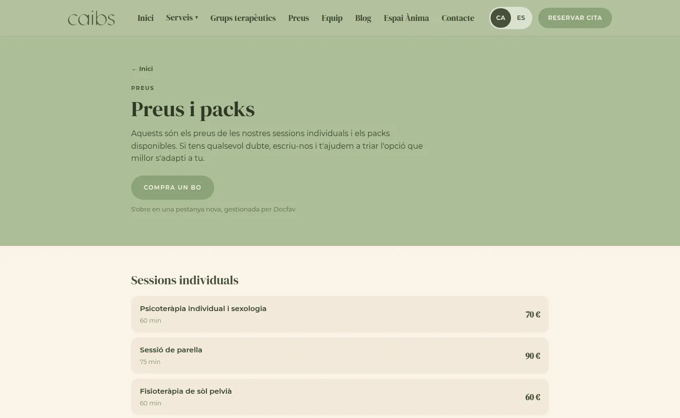 CAIBS pricing page with the button to buy a voucher and the single sessions with their prices