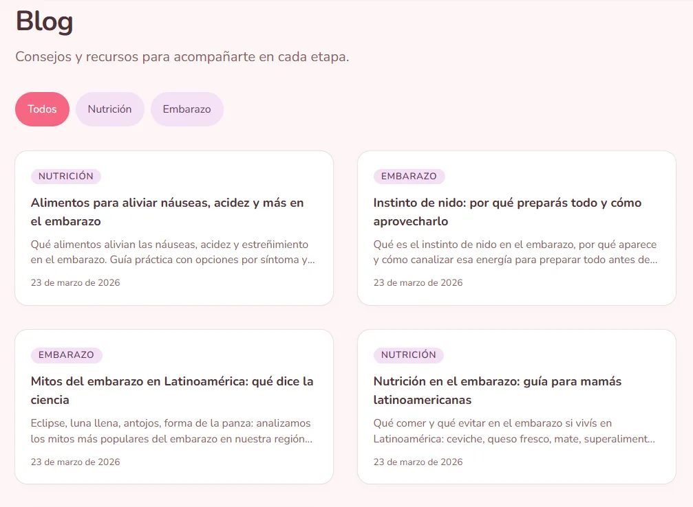 Blog de Memobebe con filtros por categoría de nutrición y embarazo