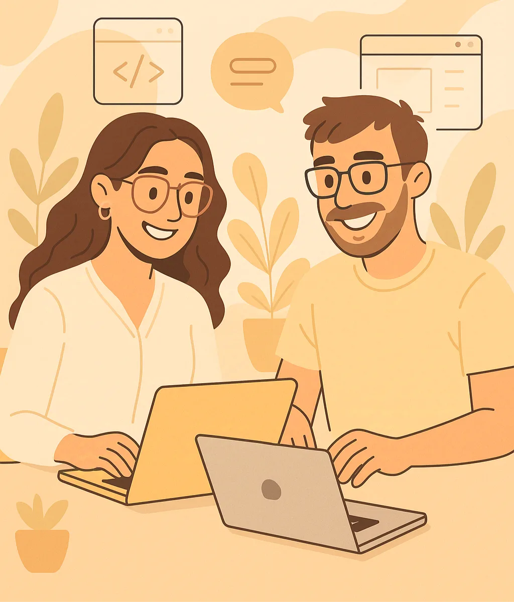 Illustration of Sol and Nico working together on their laptops at Webbzi